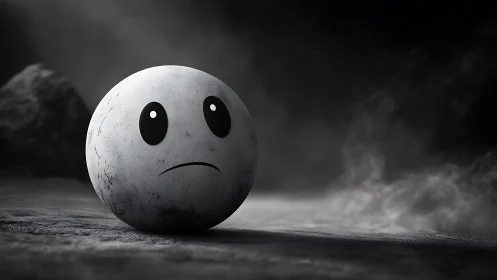 Monochrome spherical emoticon on misty ground surface.