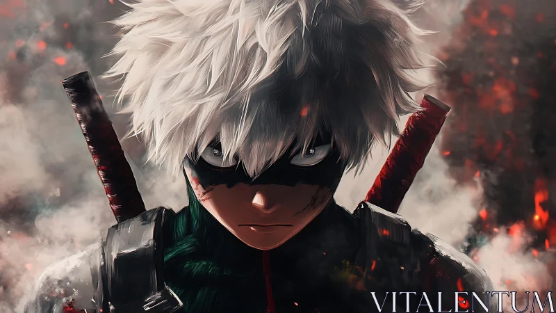 Storm-eyed vigilante sharpens resolve in ember-choked dusk