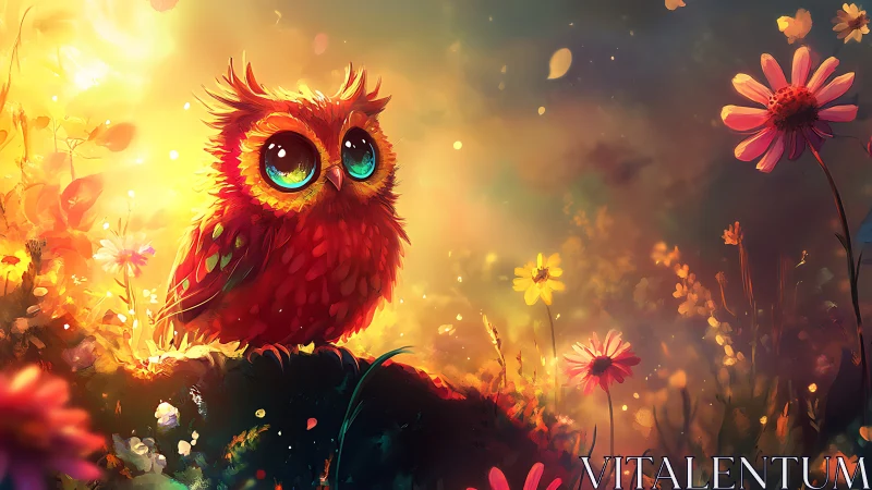 Whimsical cartoon owl with big eyes in vibrant magical garden.