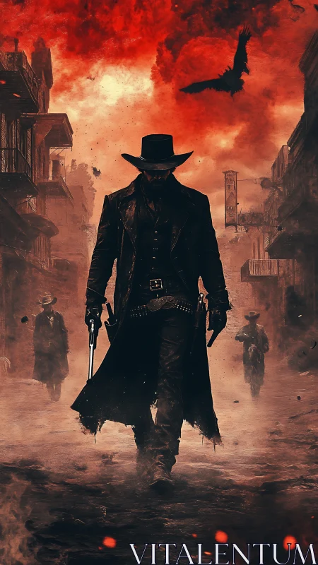 Gunslinger in crimson sky storm, cinematic western showdown.