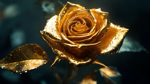 Golden rose covered in water droplets with dark background
