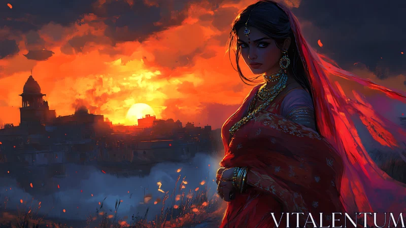 Woman in red sari before dramatic sunset city skyline.
