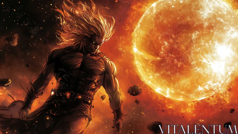 Solar-forged warrior drifting beside burning star sphere.