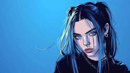 Chromatic portrait of blue-haired woman in vector shading.