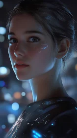 Rendered female portrait depicts reflective cybernetic detailing