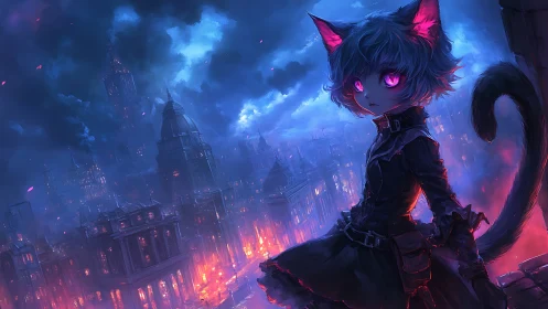 Neon-eyed catgirl overlooks burning neo-gothic cityscape.