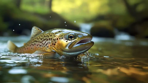 Brown trout breaking water surface in high-speed photorealism