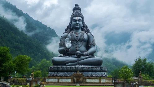 Large seated Shiva statue in mist-covered mountain landscape.