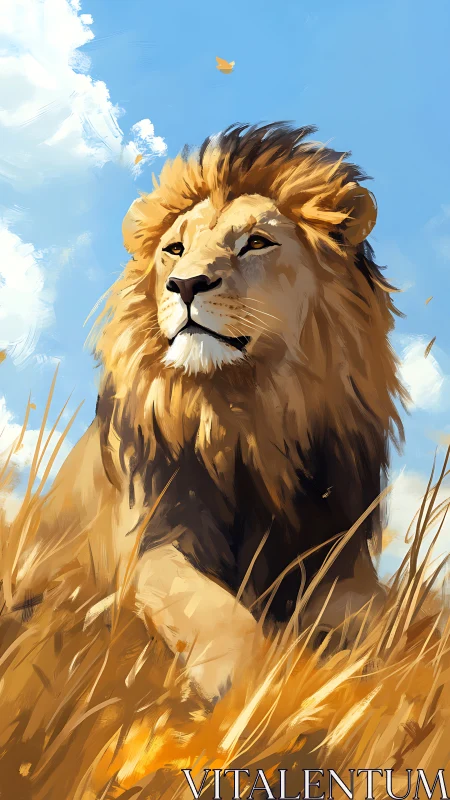 Sunlit savanna king gazes across windswept golden plains.