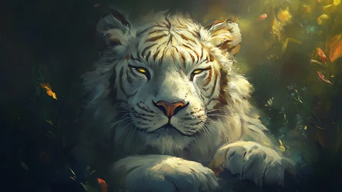 White tiger rests in dense, painterly jungle lighting
