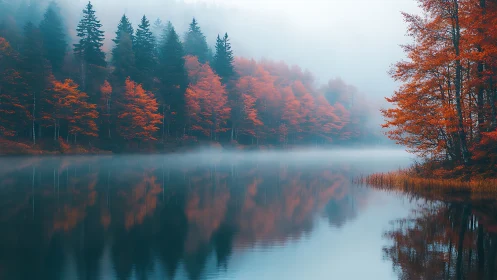 Misty autumn forest lake with reflected trees and still water