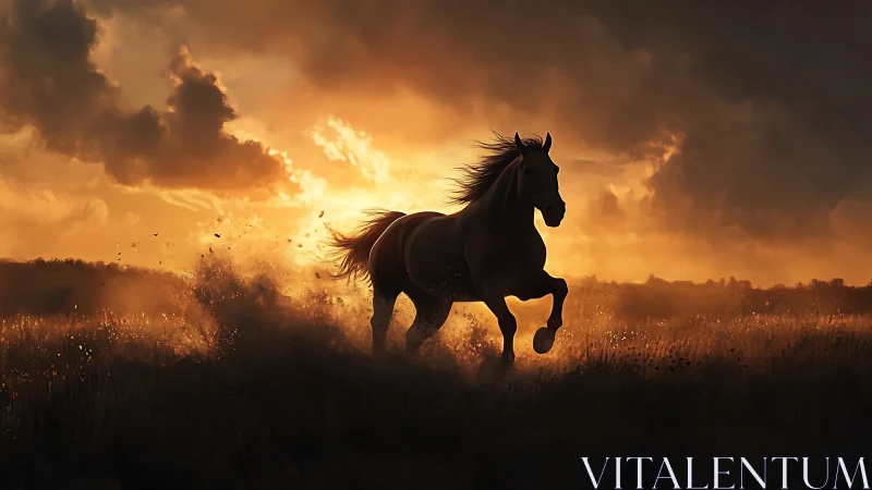 Horse runs through backlit field against intense sunset sky