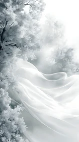 Silken winter mist drifts gently through frosted forest light