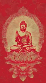 Radiant Buddha afloat on crimson lotus tides of stillness.