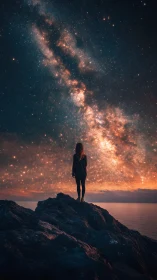 Silhouette on rocky cliff under vivid Milky Way night sky.