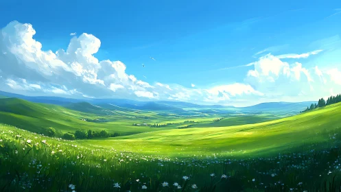 Extensive green valley under scattered cumulus cloud formations.