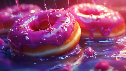 Glazed donuts shine under neon light with dripping pink icing