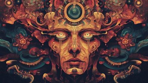 Surreal biometric visage dissolves into ornate cosmic flora