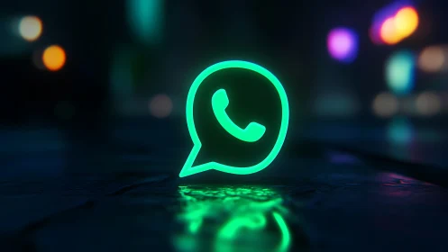 Neon WhatsApp glyph rendered as glowing 3D icon on wet street