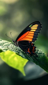Colorful garden butterfly resting on a sunlit leaf.