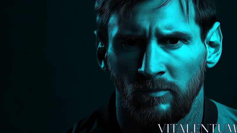 Moody teal portrait of a focused bearded football warrior.