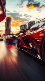 Sports cars on wet city street at sunset in motion blur.