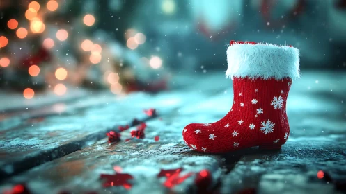 Red Christmas stocking glows on frosty wooden surface.