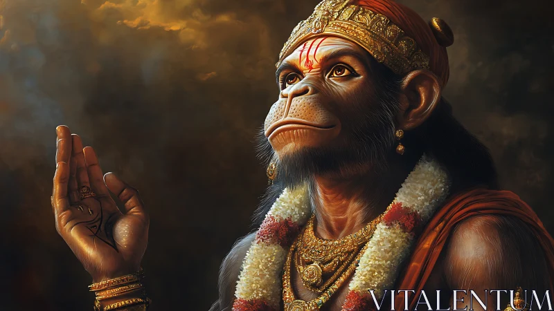 Divine simian deity raises blessing hand under dramatic sky