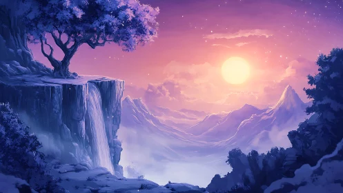 Mountain waterfall under lavender dusk and dreaming sun.