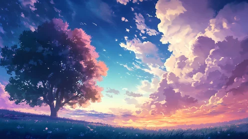 Peaceful sunset tree under a dreamy pastel sky.