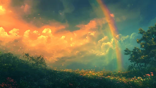 Luminous meadow under glowing clouds and vivid rainbow.
