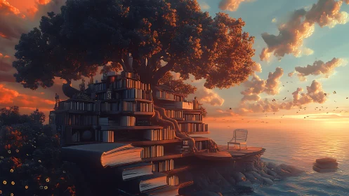 Coastal tree library formed from stacked books at sunset.
