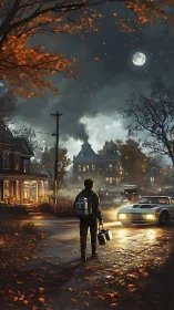 Autumn night traveler approaches glowing mansion street scene.