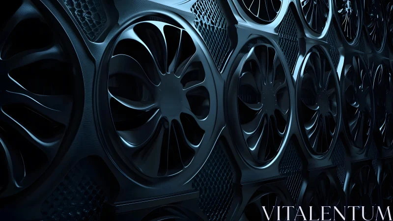 Sleek industrial fan wall in futuristic, dark metallic style.