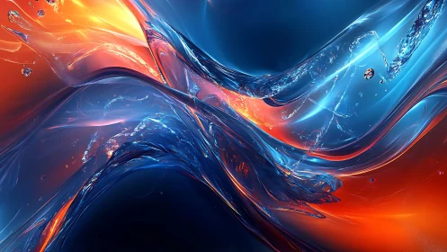 Fluid dynamic collision of blue refractive glass and orange plasma