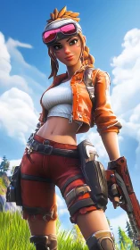 Skybound gamer heroine strides through bright battlefields.