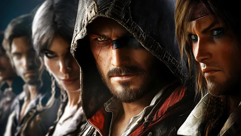 Hooded rogues and fierce allies gather in cinematic focus.