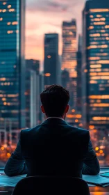 Professional silhouette overlooking illuminated urban skyline at dusk.