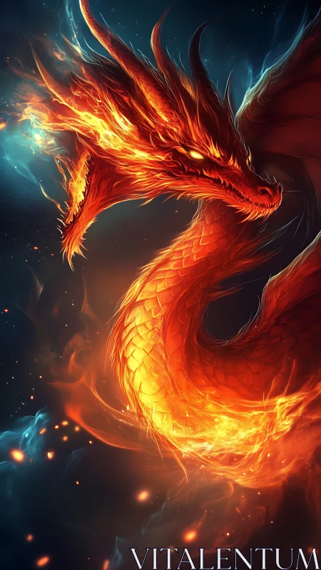 Volumetric-lit fire dragon coils through nebular particles in space