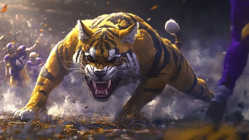 Ferocious tiger mascot charging across illuminated stadium turf.