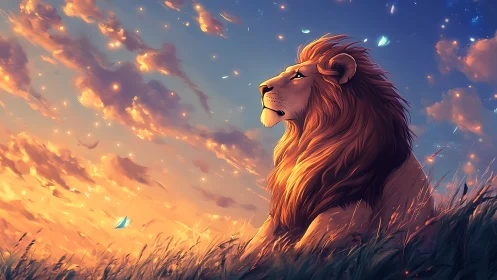Lion profile against luminous sunset sky in tall grass field.