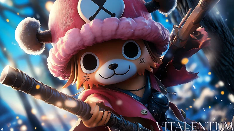 Cute winter warrior character in vivid forest battle scene.