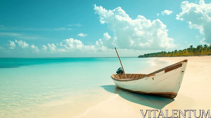 Sunlit wooden boat rests quietly on a calm tropical shore