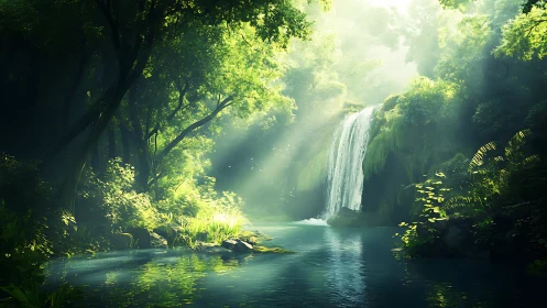 Mystical Waterfall Hidden Deep Within an Enchanted Forest Realm