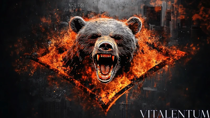 Roaring bear head erupts from fiery geometric blaze in cityscape