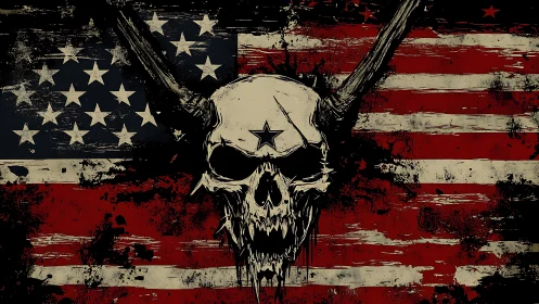 Horned skull over distressed American flag backdrop.