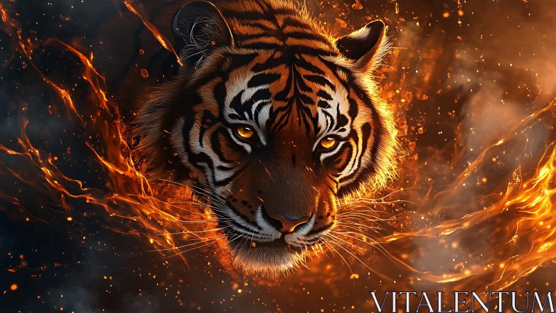 Tiger head emerges through incandescent embers in dynamic chiaroscuro