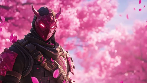 Armored cherry blossom guardian in a dreamy pink garden.