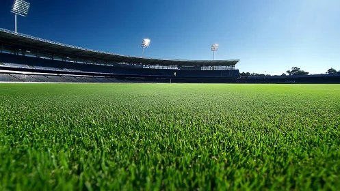 Sunlit stadium pitch with vivid green trimmed grass field
