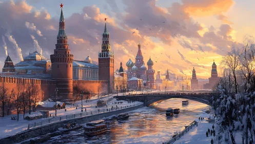 Winter sunset over Kremlin walls and riverfront skyline.